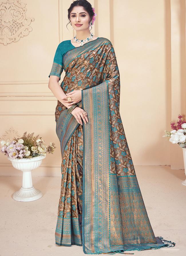 Silk Sky Blue Festival Wear Printed Saree